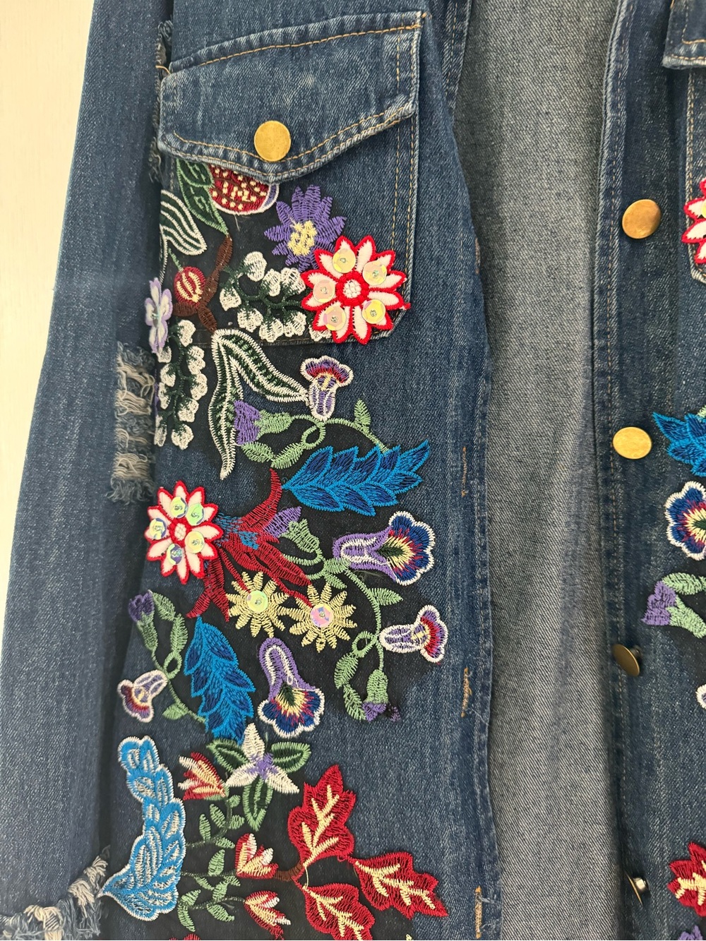 Embroidered Floral Denim Jacket - Dark Blue - Picture 4 of 5